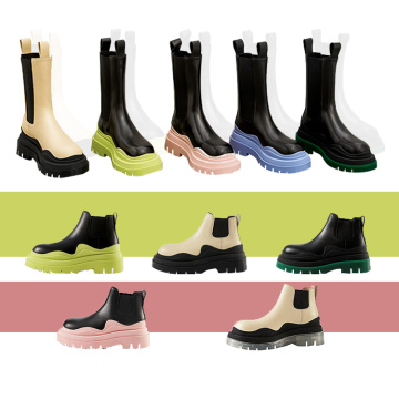 Neue Trend Großhandel Frauen Luxus luxuriöser hochrangiger Holzholz allein maßgeschneiderte echte Leder Regenschuhe Arbeit Knöchel Chunky Chelsea Boot Frau